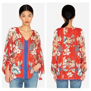Johnny Was Evy Red Floral 100% Silk Blouse Medium Balloon Sleeve Lightweight